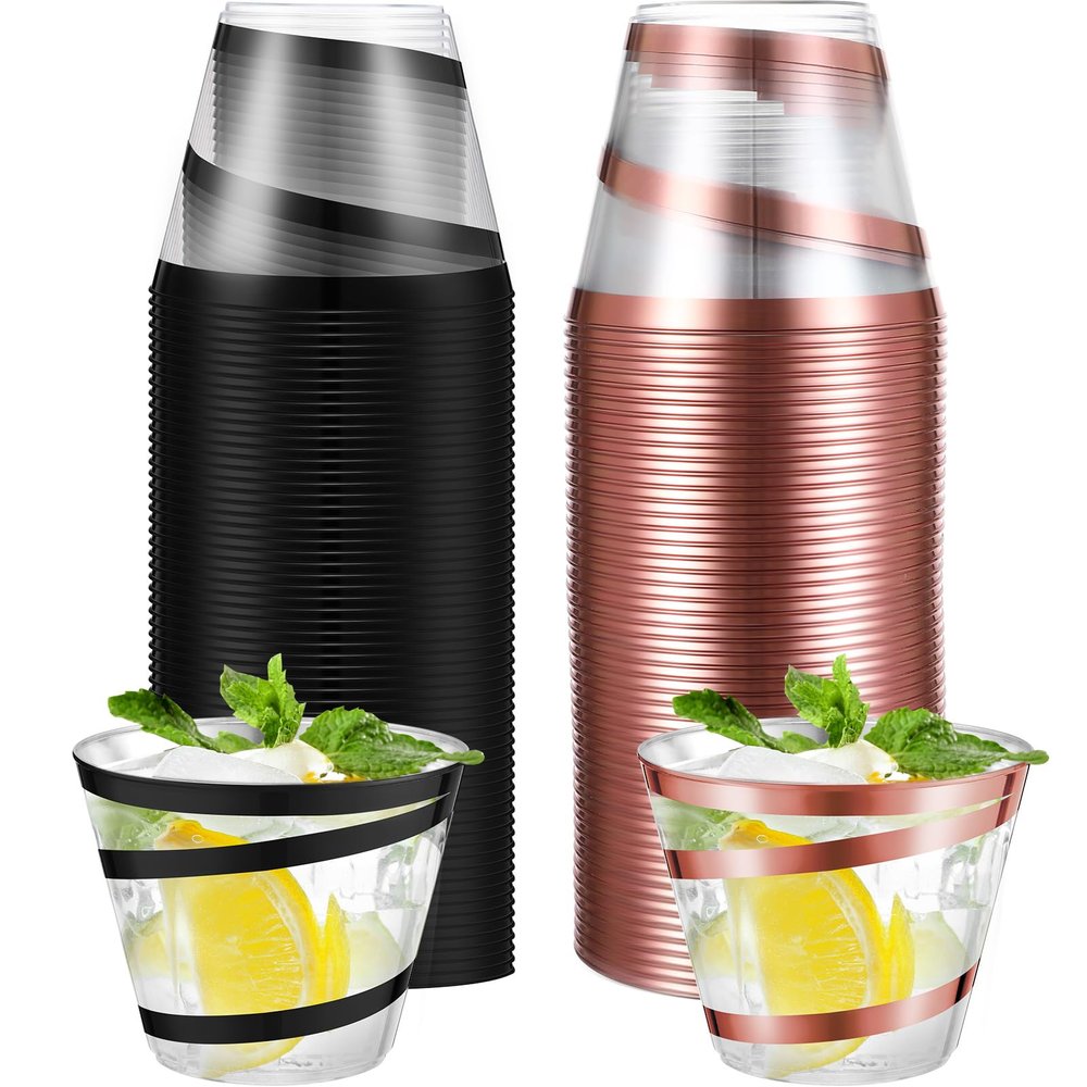 Gejoy 100 Pcs 9 oz Rimmed Swirl Plastic Cup, Rose Gold, Black