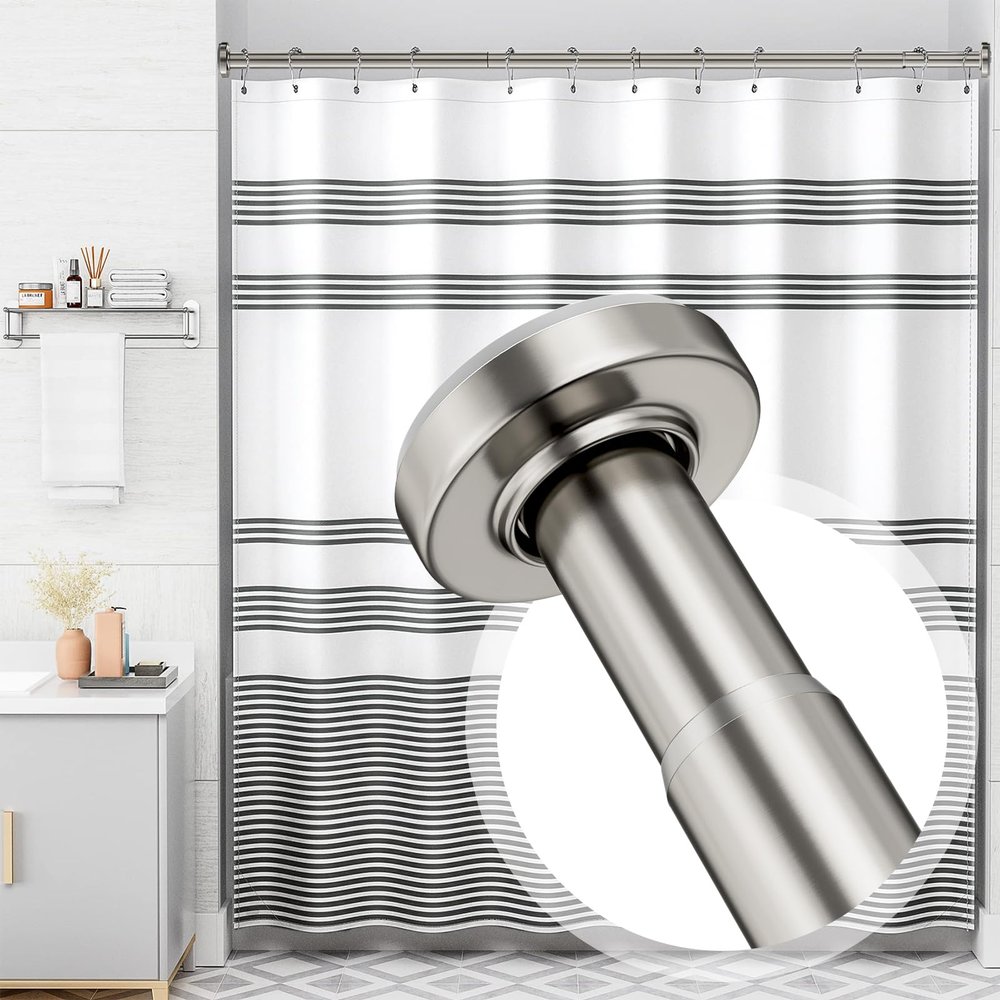 AmazerBath 72x72 Inches Washable Cloth Black Shower Curtain Sets with 12 Shower Curtain Hooks 31-75 Inches Nickel Shower Curtain Rod No Drill Easy Segmented Installation