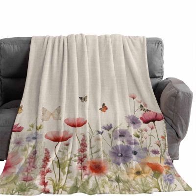 Flannel Throw Blanket Spring Watercolor Floral Butterfly,Lightweight Soft Warm Fleece Blankets for Sofa Bedroom,Daisy Lavender Leaves on Vintage Linen Cozy Fuzzy Throws for All Seasons 40x50in