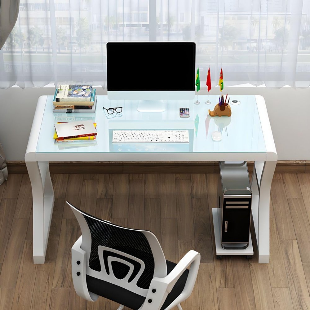 KWOKING Glass Office Desk Computer Desk with Metal Legs Without Chairs Computer Desktop Table Bedroom Tempered Glass E-sports Table Study Desk Table White Table Top White Base 55.1"L x 23.6"W x 29.5"H