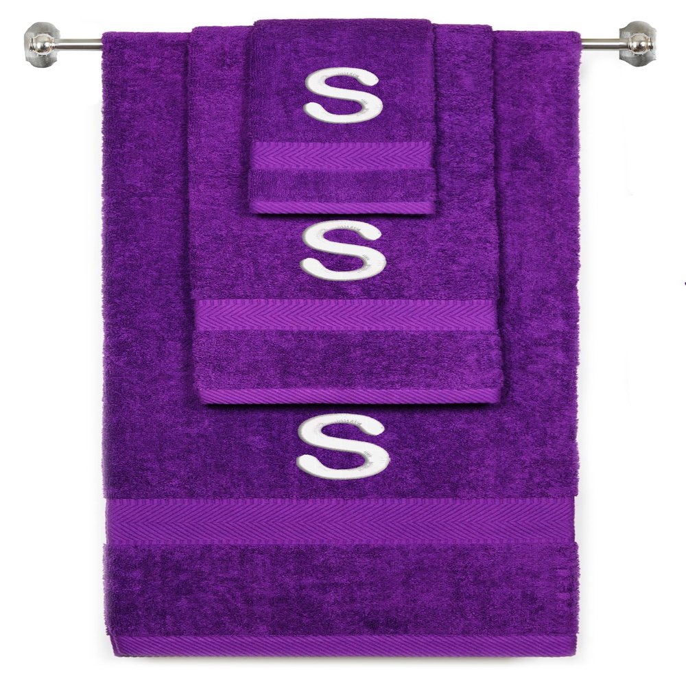 BY LORA Custom Embroidered Terry Cotton Ring Spun Bath Towel, Hand Towel and Washcloth Set - Purple Towel Set, White Block Initial S