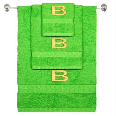BY LORA Custom Embroidered Terry Cotton Ring Spun Bath Towel, Hand Towel and Washcloth Set - Lime Green Towel Set, Gold Block Initial B