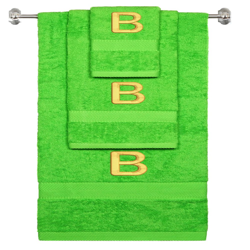BY LORA Custom Embroidered Terry Cotton Ring Spun Bath Towel, Hand Towel and Washcloth Set - Lime Green Towel Set, Gold Block Initial B