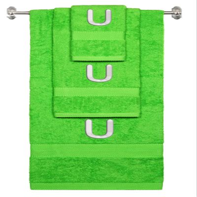 BY LORA Custom Embroidered Terry Cotton Ring Spun Bath Towel, Hand Towel and Washcloth Set - Lime Green Towel Set, Silver Block Initial U