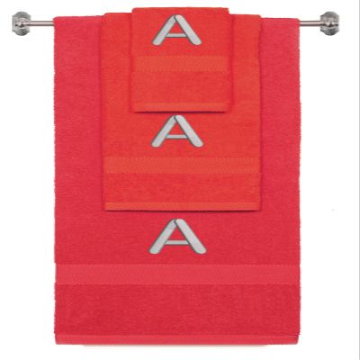 BY LORA Custom Embroidered Terry Cotton Ring Spun Bath Towel, Hand Towel and Washcloth Set - Red Towel Set, Silver Block Initial A