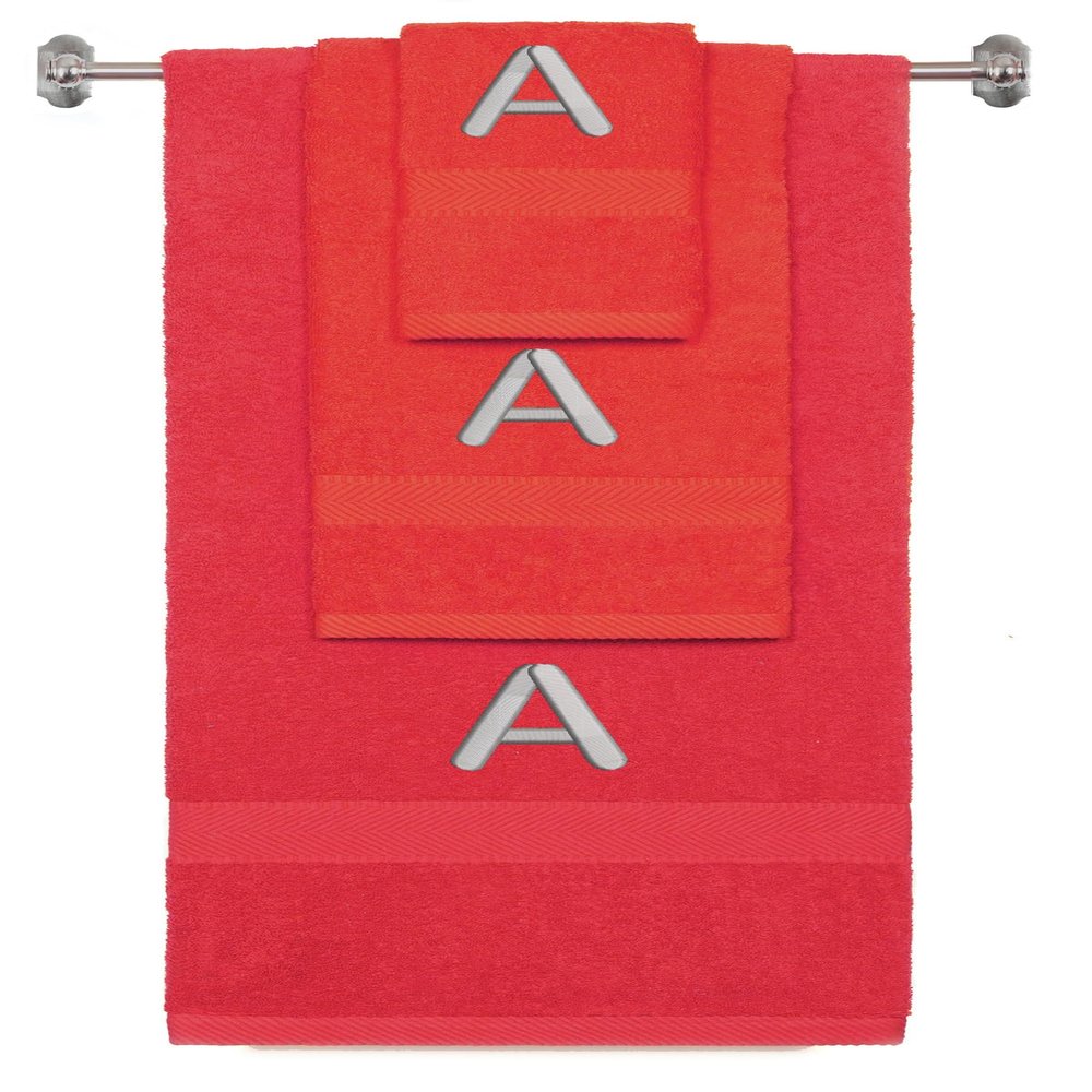 BY LORA Custom Embroidered Terry Cotton Ring Spun Bath Towel, Hand Towel and Washcloth Set - Red Towel Set, Silver Block Initial A
