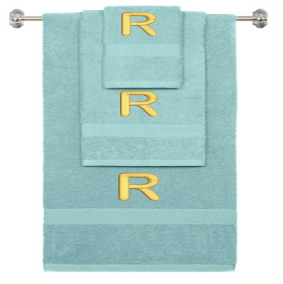 BY LORA Custom Embroidered Terry Cotton Ring Spun Bath Towel, Hand Towel and Washcloth Set - Nautical Teal Towel Set, Gold Block Initial R