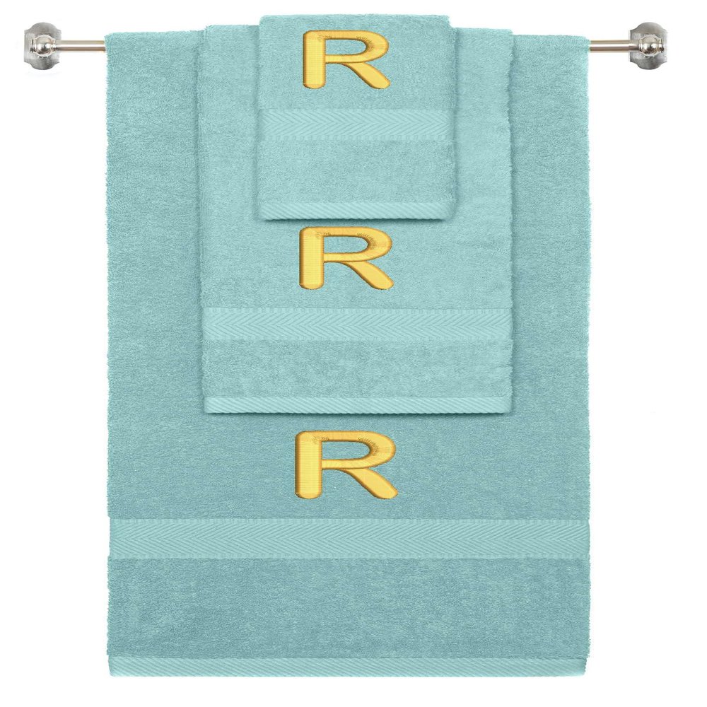 BY LORA Custom Embroidered Terry Cotton Ring Spun Bath Towel, Hand Towel and Washcloth Set - Nautical Teal Towel Set, Gold Block Initial R