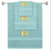 BY LORA Custom Embroidered Terry Cotton Ring Spun Bath Towel, Hand Towel and Washcloth Set - Nautical Teal Towel Set, Gold Block Initial R view 1