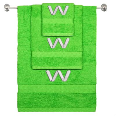 BY LORA Custom Embroidered Terry Cotton Ring Spun Bath Towel, Hand Towel and Washcloth Set - Lime Green Towel Set, Silver Block Initial W