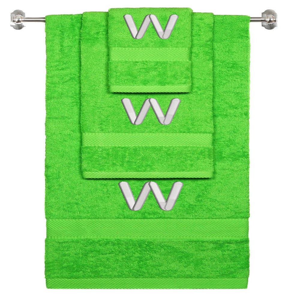 BY LORA Custom Embroidered Terry Cotton Ring Spun Bath Towel, Hand Towel and Washcloth Set - Lime Green Towel Set, Silver Block Initial W