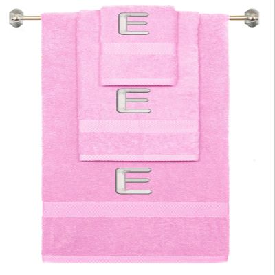 BY LORA Custom Embroidered Terry Cotton Ring Spun Bath Towel, Hand Towel and Washcloth Set - Pink Towel Set, Silver Block Initial E