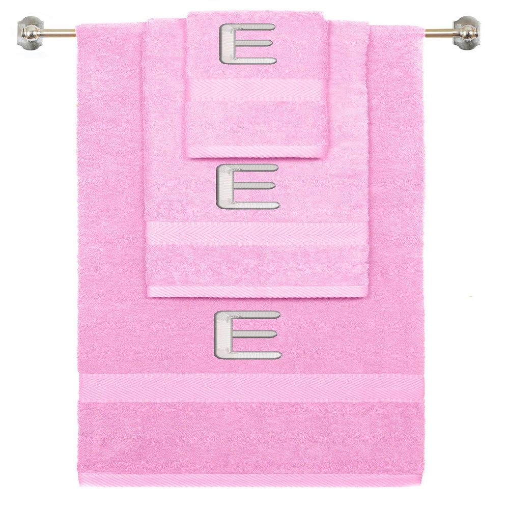 BY LORA Custom Embroidered Terry Cotton Ring Spun Bath Towel, Hand Towel and Washcloth Set - Pink Towel Set, Silver Block Initial E