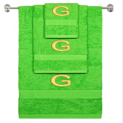 BY LORA Custom Embroidered Terry Cotton Ring Spun Bath Towel, Hand Towel and Washcloth Set - Lime Green Towel Set, Gold Block Initial G