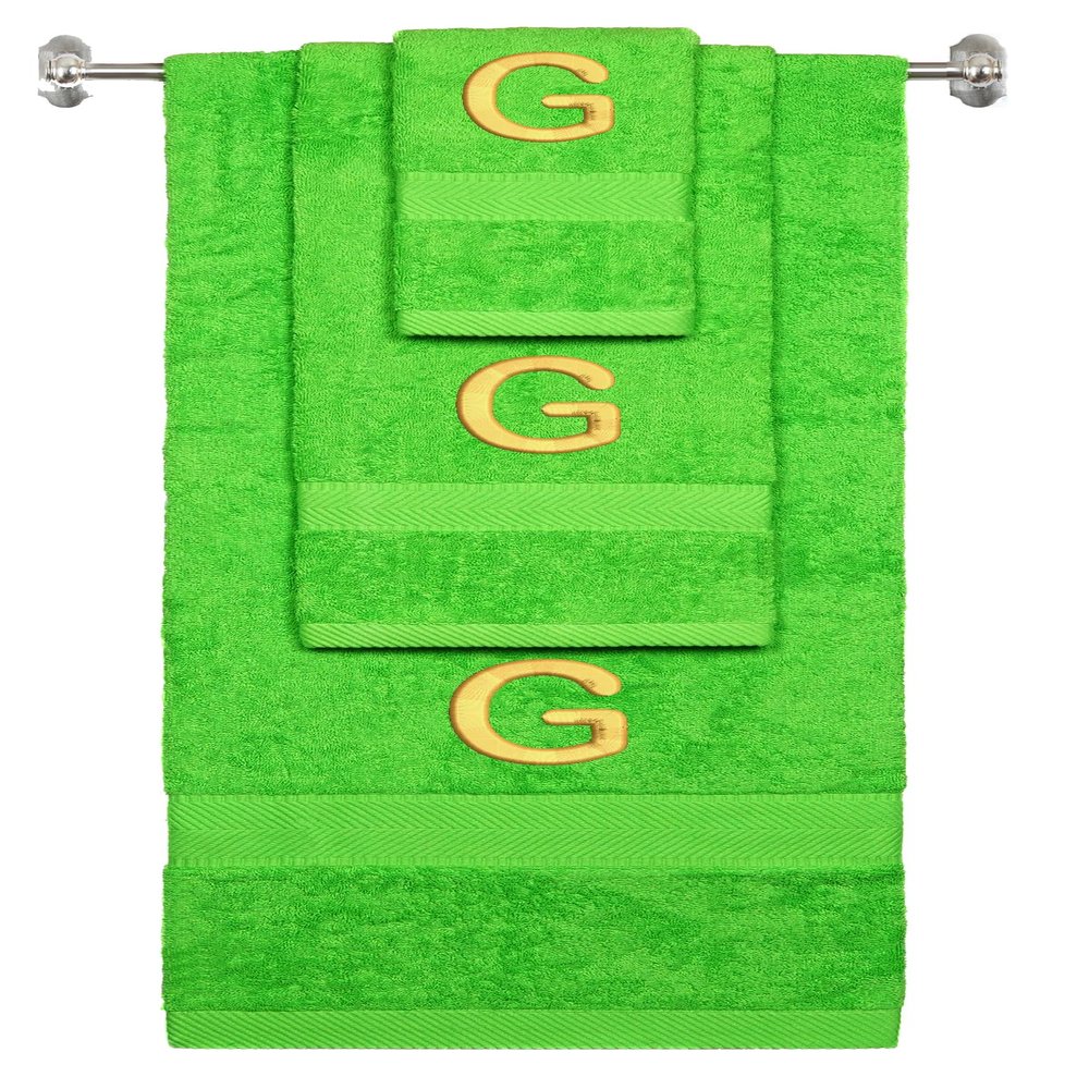 BY LORA Custom Embroidered Terry Cotton Ring Spun Bath Towel, Hand Towel and Washcloth Set - Lime Green Towel Set, Gold Block Initial G