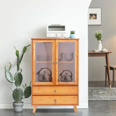 HOLMZCED Freestanding Storage Organizer with 2 Drawers, Retro Bamboo Kitchen Sideboard with Large Storage Capacity Brown Bamboo Cupboard for Living Room Kitchen Hallway