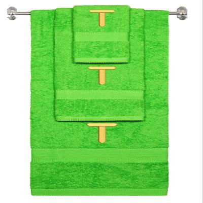 BY LORA Custom Embroidered Terry Cotton Ring Spun Bath Towel, Hand Towel and Washcloth Set - Lime Green Towel Set, Gold Block Initial T