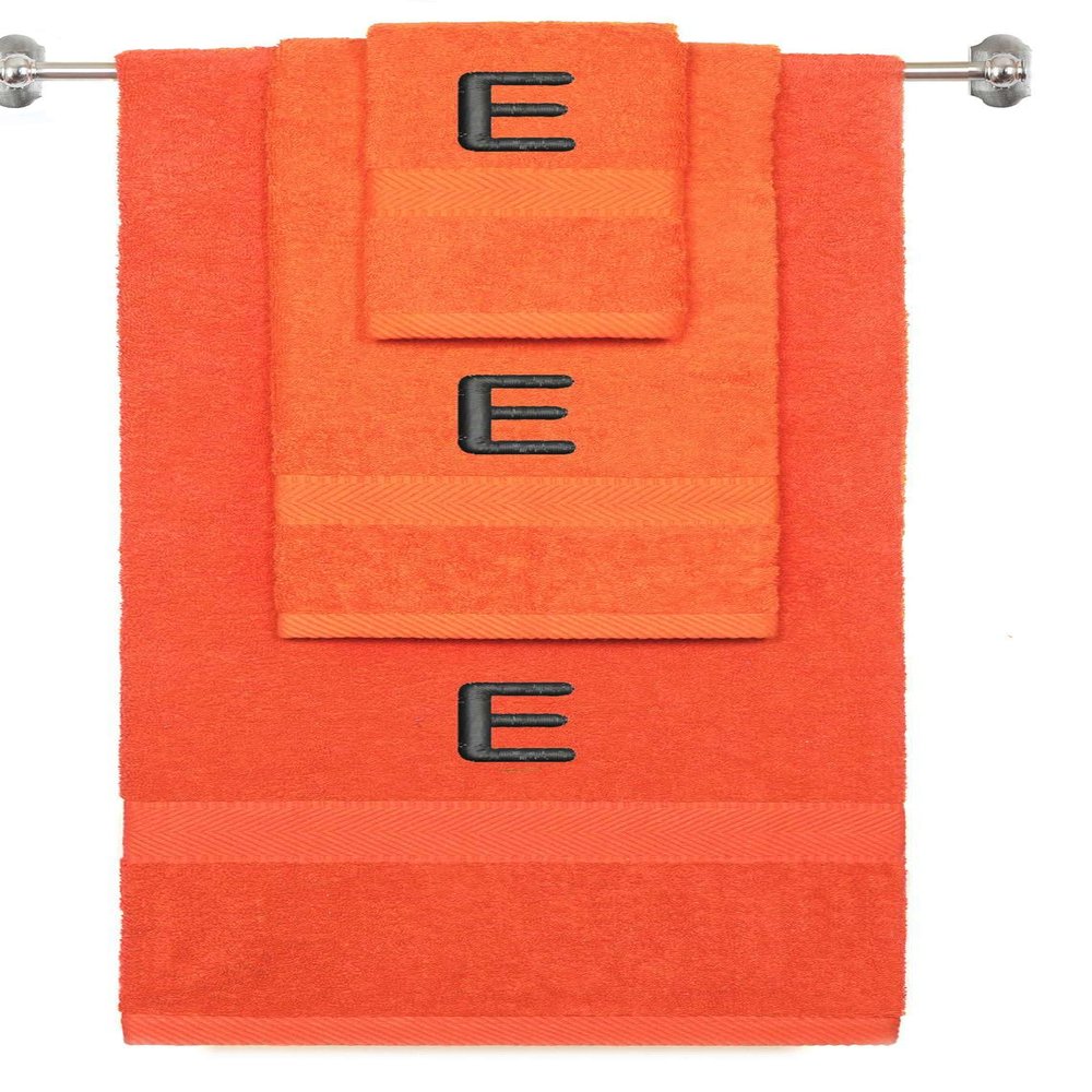 BY LORA Custom Embroidered Terry Cotton Ring Spun Bath Towel, Hand Towel and Washcloth Set - Orange Towel Set, Black Block Initial E