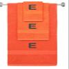 BY LORA Custom Embroidered Terry Cotton Ring Spun Bath Towel, Hand Towel and Washcloth Set - Orange Towel Set, Black Block Initial E view 1