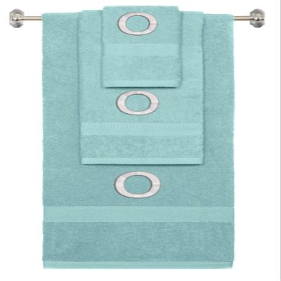 BY LORA Custom Embroidered Terry Cotton Ring Spun Bath Towel, Hand Towel and Washcloth Set - Nautical Teal Towel Set, Silver Block Initial O