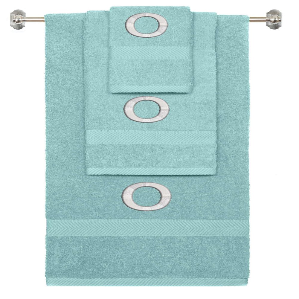 BY LORA Custom Embroidered Terry Cotton Ring Spun Bath Towel, Hand Towel and Washcloth Set - Nautical Teal Towel Set, Silver Block Initial O