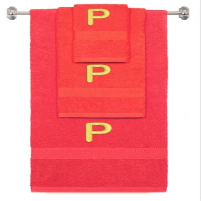 BY LORA Custom Embroidered Terry Cotton Ring Spun Bath Towel, Hand Towel and Washcloth Set - Red Towel Set, Gold Block Initial P