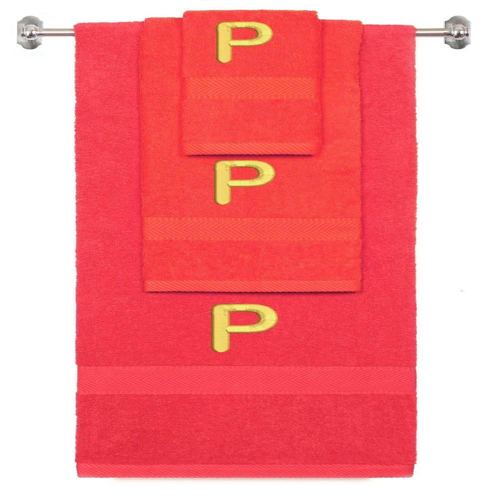 BY LORA Custom Embroidered Terry Cotton Ring Spun Bath Towel, Hand Towel and Washcloth Set - Red Towel Set, Gold Block Initial P