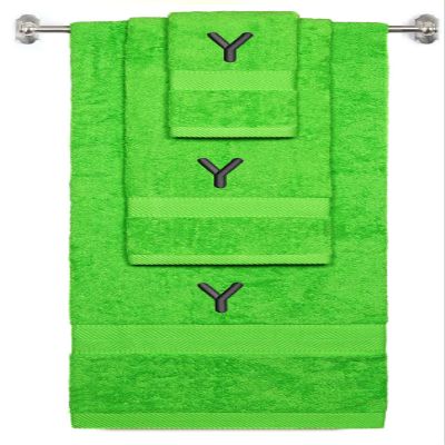 BY LORA Custom Embroidered Terry Cotton Ring Spun Bath Towel, Hand Towel and Washcloth Set - Lime Green Towel Set, Black Block Initial X