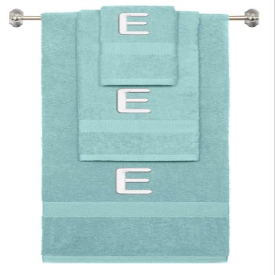 BY LORA Custom Embroidered Terry Cotton Ring Spun Bath Towel, Hand Towel and Washcloth Set - Nautical Teal Towel Set, White Block Initial E