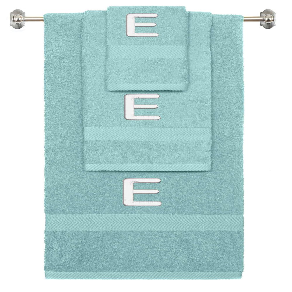 BY LORA Custom Embroidered Terry Cotton Ring Spun Bath Towel, Hand Towel and Washcloth Set - Nautical Teal Towel Set, White Block Initial E