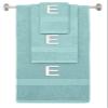 BY LORA Custom Embroidered Terry Cotton Ring Spun Bath Towel, Hand Towel and Washcloth Set - Nautical Teal Towel Set, White Block Initial E view 1
