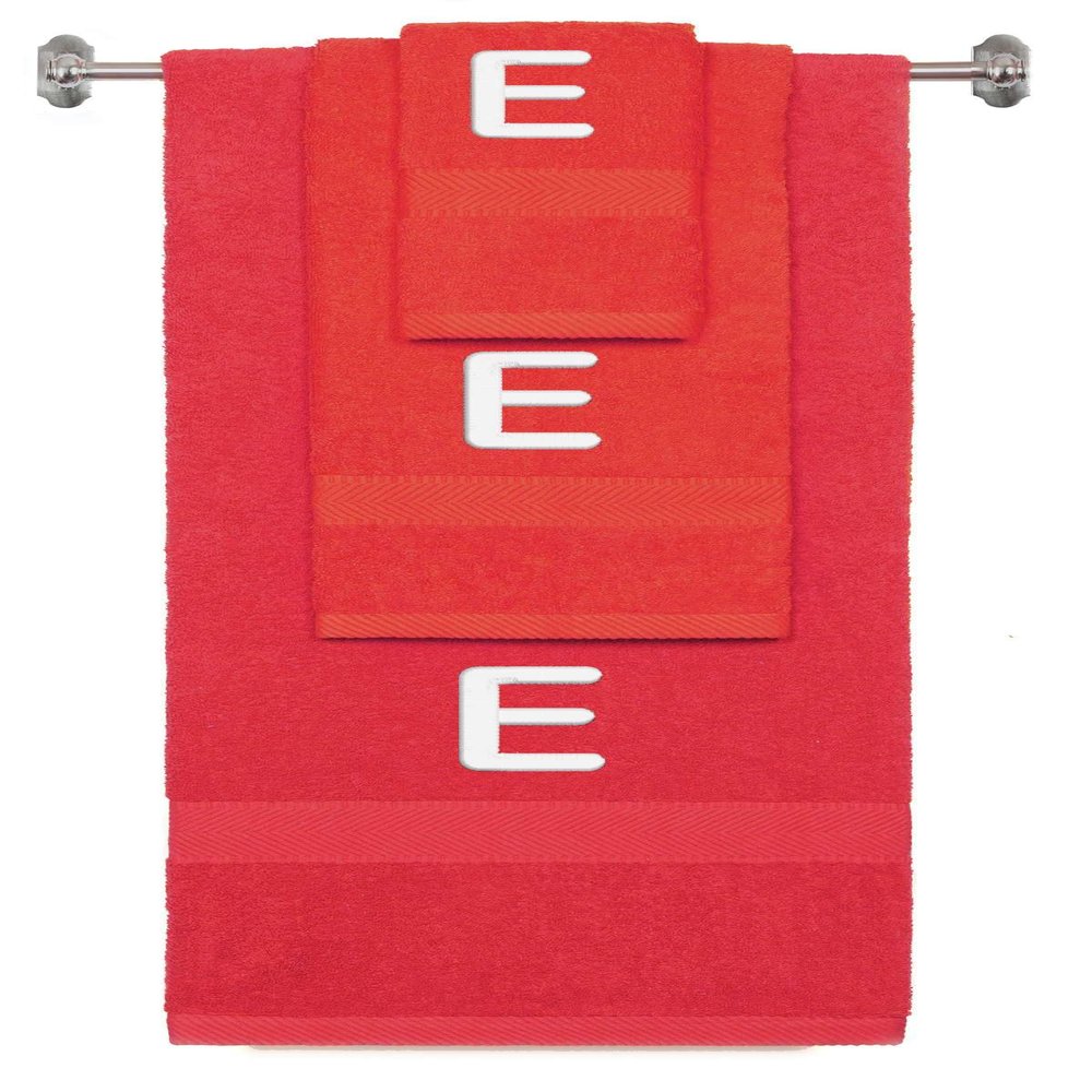 BY LORA Custom Embroidered Terry Cotton Ring Spun Bath Towel, Hand Towel and Washcloth Set - Red Towel Set, White Block Initial E