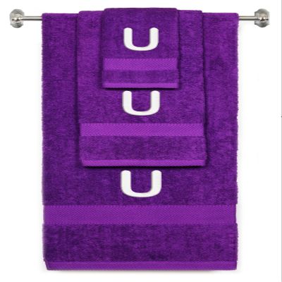 BY LORA Custom Embroidered Terry Cotton Ring Spun Bath Towel, Hand Towel and Washcloth Set - Purple Towel Set, White Block Initial U