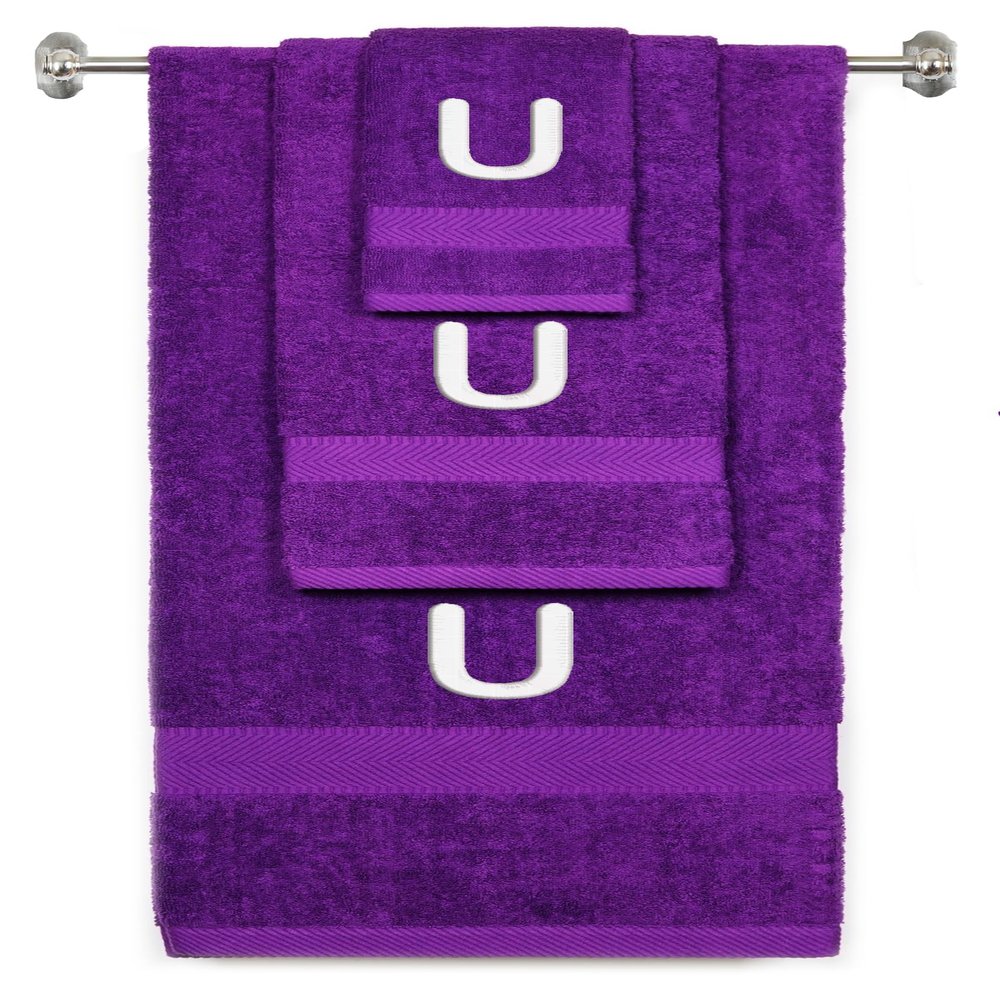 BY LORA Custom Embroidered Terry Cotton Ring Spun Bath Towel, Hand Towel and Washcloth Set - Purple Towel Set, White Block Initial U