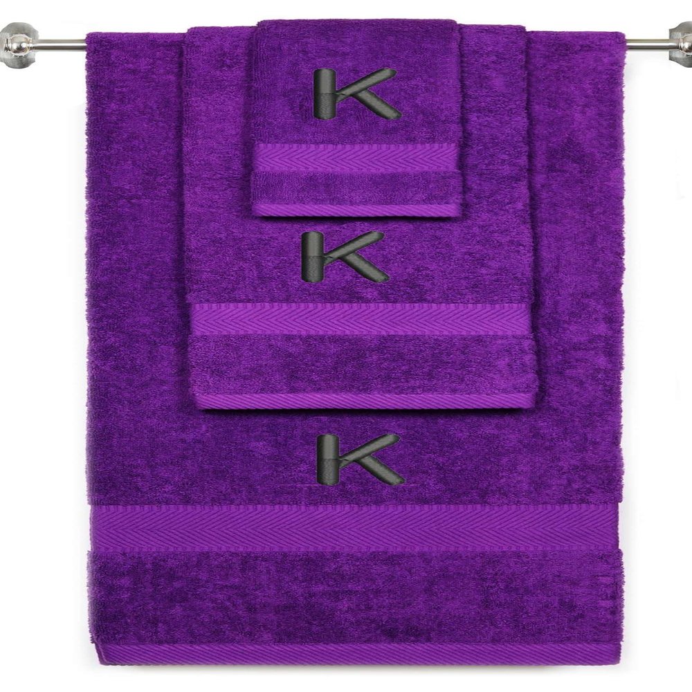 BY LORA Custom Embroidered Terry Cotton Ring Spun Bath Towel, Hand Towel and Washcloth Set - Purple Towel Set, Black Block Initial K