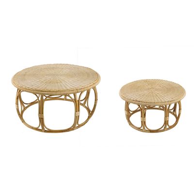 Benjara 32-40" Coffee Table Set of 2- Round Tops- Handwoven Rattan- Brown