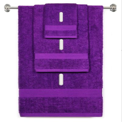 BY LORA Custom Embroidered Terry Cotton Ring Spun Bath Towel, Hand Towel and Washcloth Set - Purple Towel Set, Silver Block Initial I