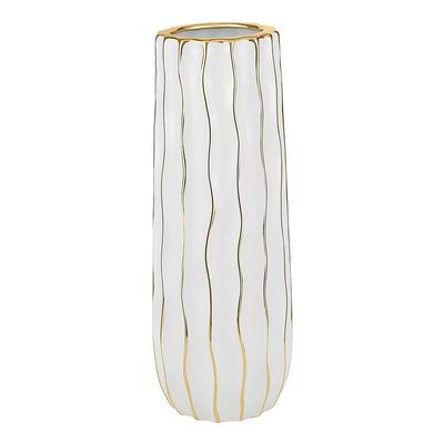 (D) Tall White Footed Vase Decorative Centerpiece, with Gold Wavy Design (Large 6" x 15.7")