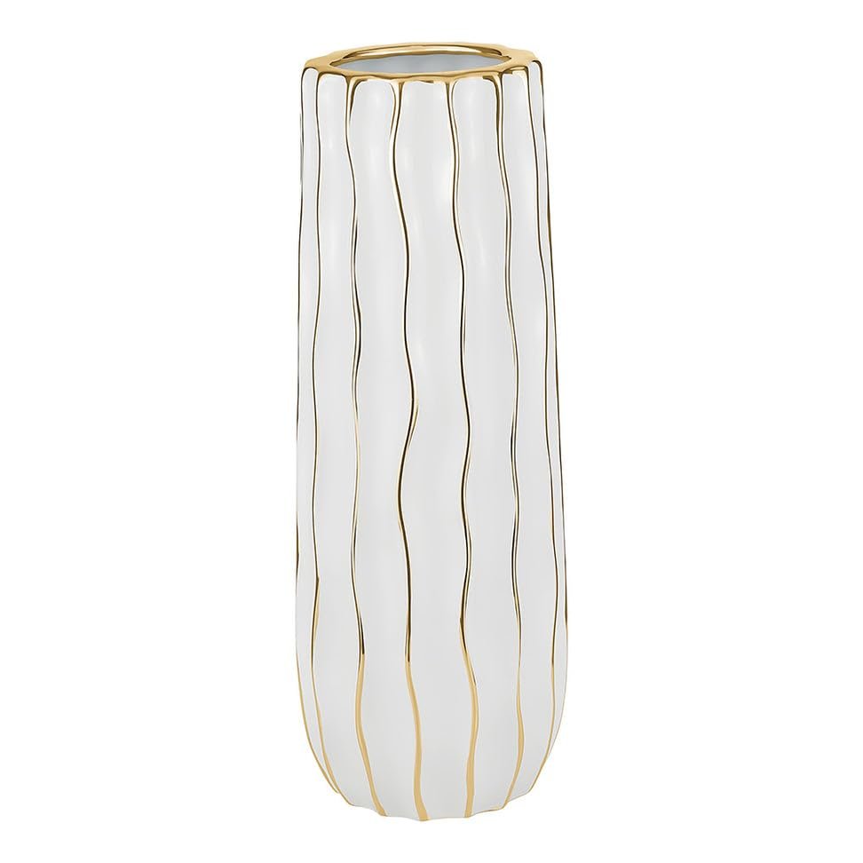 (D) Tall White Footed Vase Decorative Centerpiece, with Gold Wavy Design (Large 6" x 15.7")