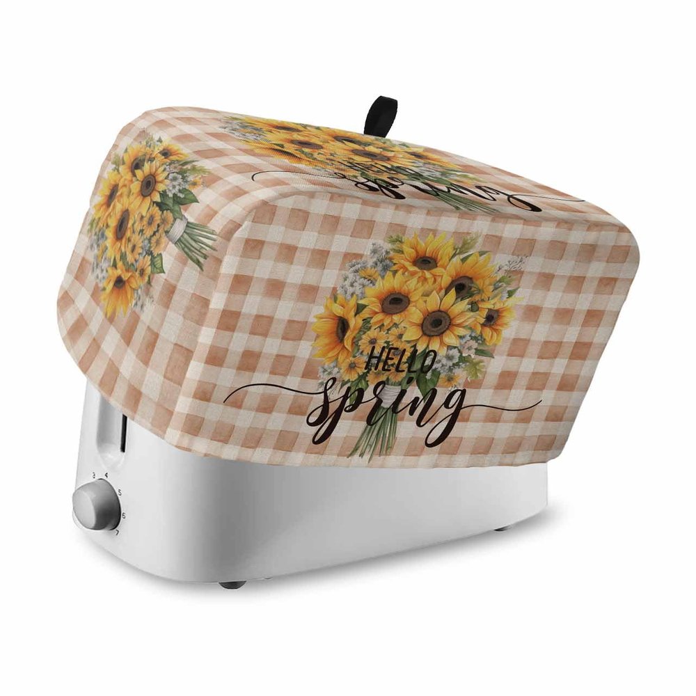 4 Slice Toaster Cover Dustproof Kitchen Small Appliance Cover Spring Sunflower Checkered Plaid Brown Dust Cover Polyester Bread Machine Cover Protector with Loop for Standard 4 Slice Toasters
