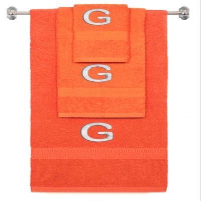 BY LORA Custom Embroidered Terry Cotton Ring Spun Bath Towel, Hand Towel and Washcloth Set - Orange Towel Set, Silver Block Initial G