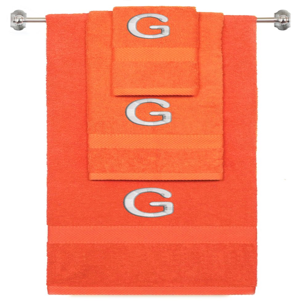 BY LORA Custom Embroidered Terry Cotton Ring Spun Bath Towel, Hand Towel and Washcloth Set - Orange Towel Set, Silver Block Initial G