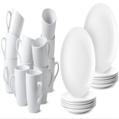 BTaT- White Coffee Mugs, Fine Bone China Porcelain, Set of 12, 12oz and White Dinner Plates, 10.5 inch, Set of 12