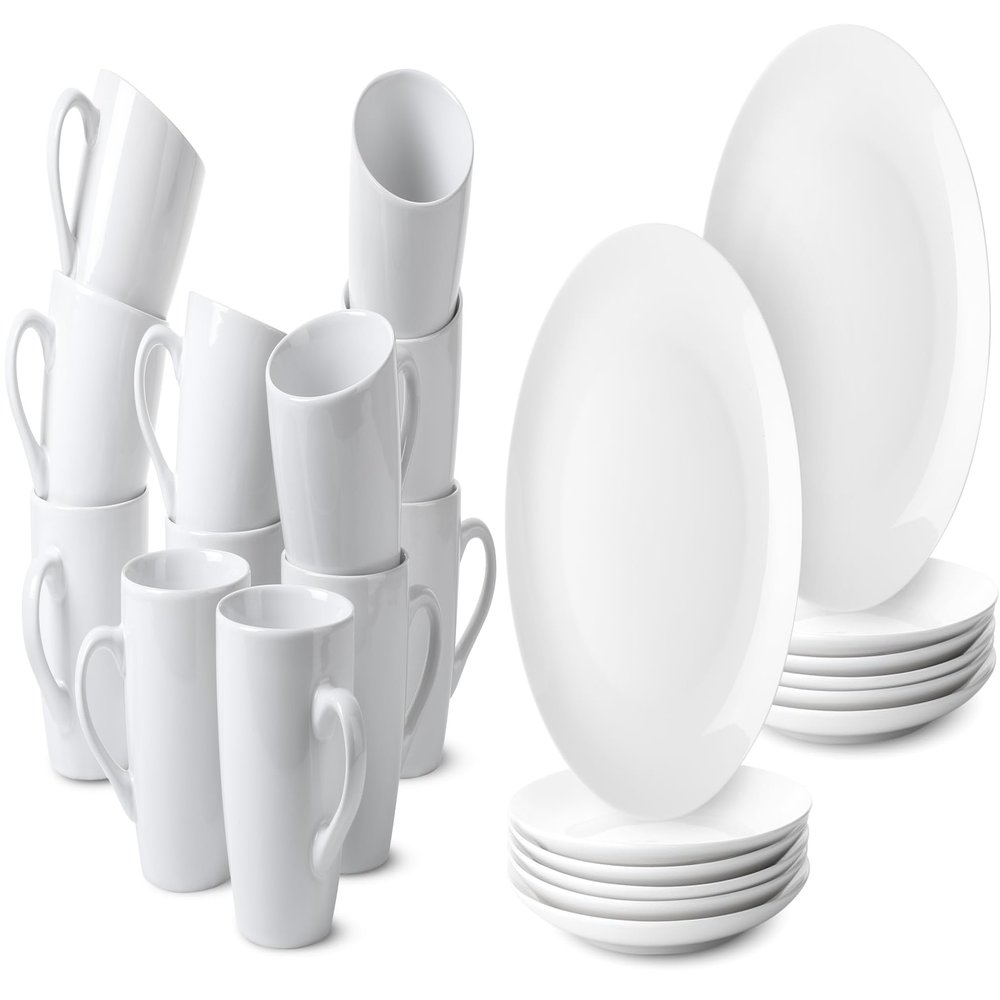 BTaT- White Coffee Mugs, Fine Bone China Porcelain, Set of 12, 12oz and White Dinner Plates, 10.5 inch, Set of 12
