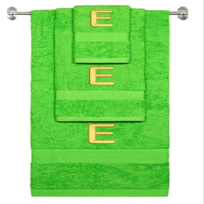 BY LORA Custom Embroidered Terry Cotton Ring Spun Bath Towel, Hand Towel and Washcloth Set - Lime Green Towel Set, Gold Block Initial E
