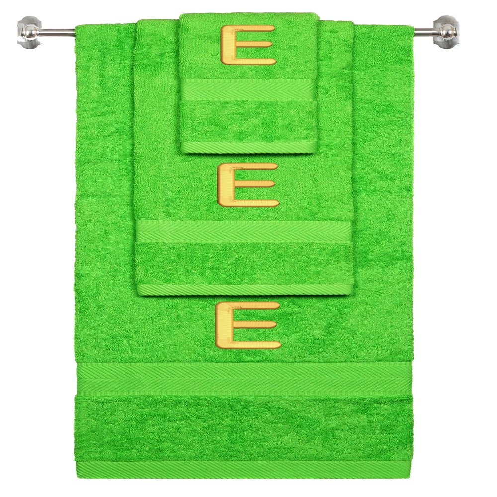 BY LORA Custom Embroidered Terry Cotton Ring Spun Bath Towel, Hand Towel and Washcloth Set - Lime Green Towel Set, Gold Block Initial E