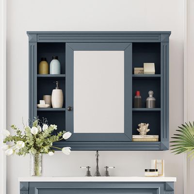 Royard Oaktree Bathroom Medicine Cabinet with Mirror, Modern Wall Mounted Storage Cabinet with Mirrored Door and 6 Open Shelves, Wood Vanity Hanging Mirror Cabinets for Living Room Entryway, Gray Blue