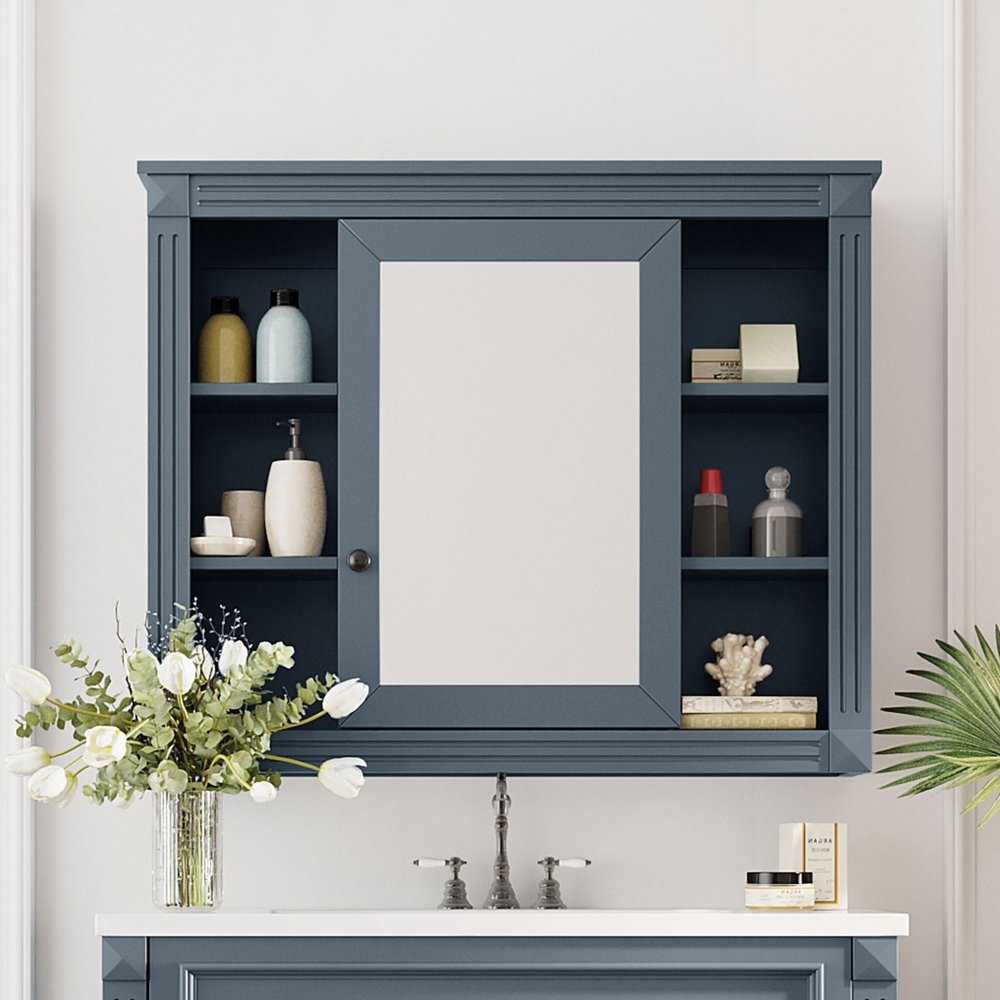 Royard Oaktree Bathroom Medicine Cabinet with Mirror, Modern Wall Mounted Storage Cabinet with Mirrored Door and 6 Open Shelves, Wood Vanity Hanging Mirror Cabinets for Living Room Entryway, Gray Blue