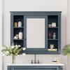 Royard Oaktree Bathroom Medicine Cabinet with Mirror, Modern Wall Mounted Storage Cabinet with Mirrored Door and 6 Open Shelves, Wood Vanity Hanging Mirror Cabinets for Living Room Entryway, Gray Blue view 1