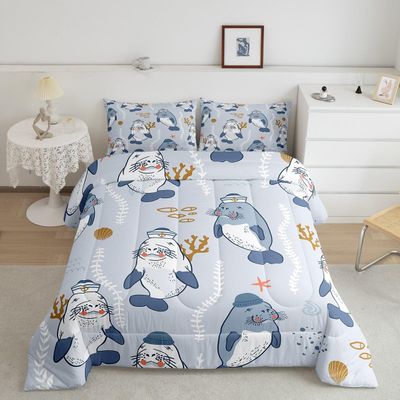Erosebridal Cute Manatees Comforter Set Queen, Sailor Caps Bandanas Bedding for Kids, Creative Scandinavian Style Room Decor Kawaii Marine Life Coral Bedding Comforter Sets, Blue Grey Quilt